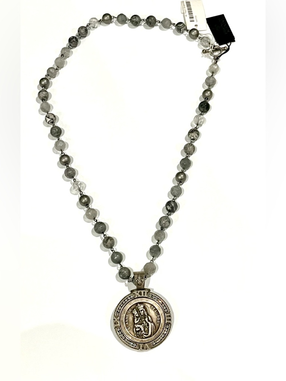 New French Kande Beaded Gray Saint Medallion Necklace
